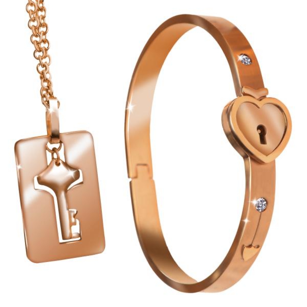 Cuffed Locking Bracelet & Key Necklace - Rose Gold