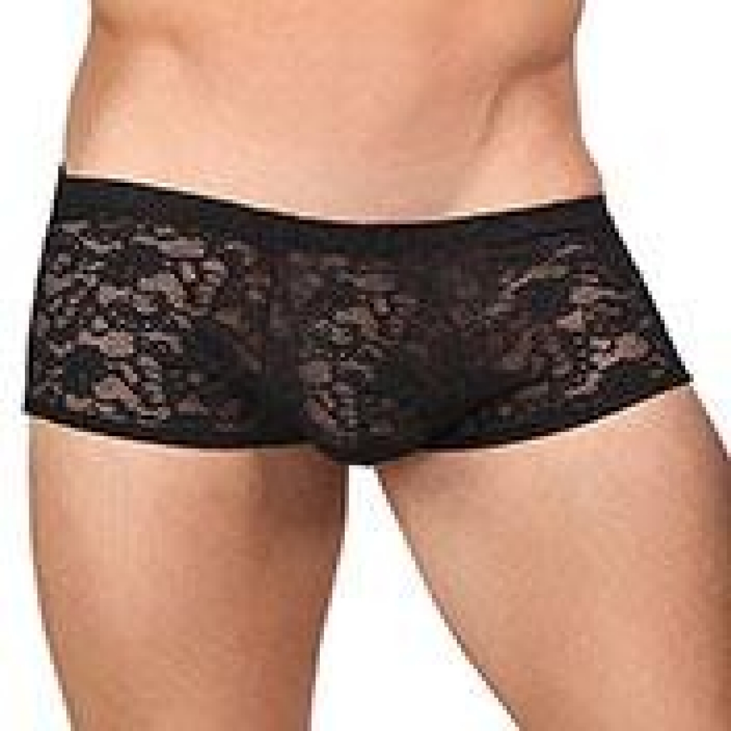 Male Power Stretch Lace Mini Shorts in Black (Medium)