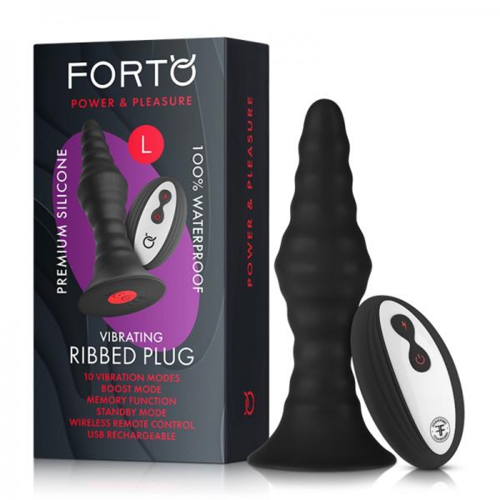 Forto Vibrating Ribbed Plug with Remote - Large - Black