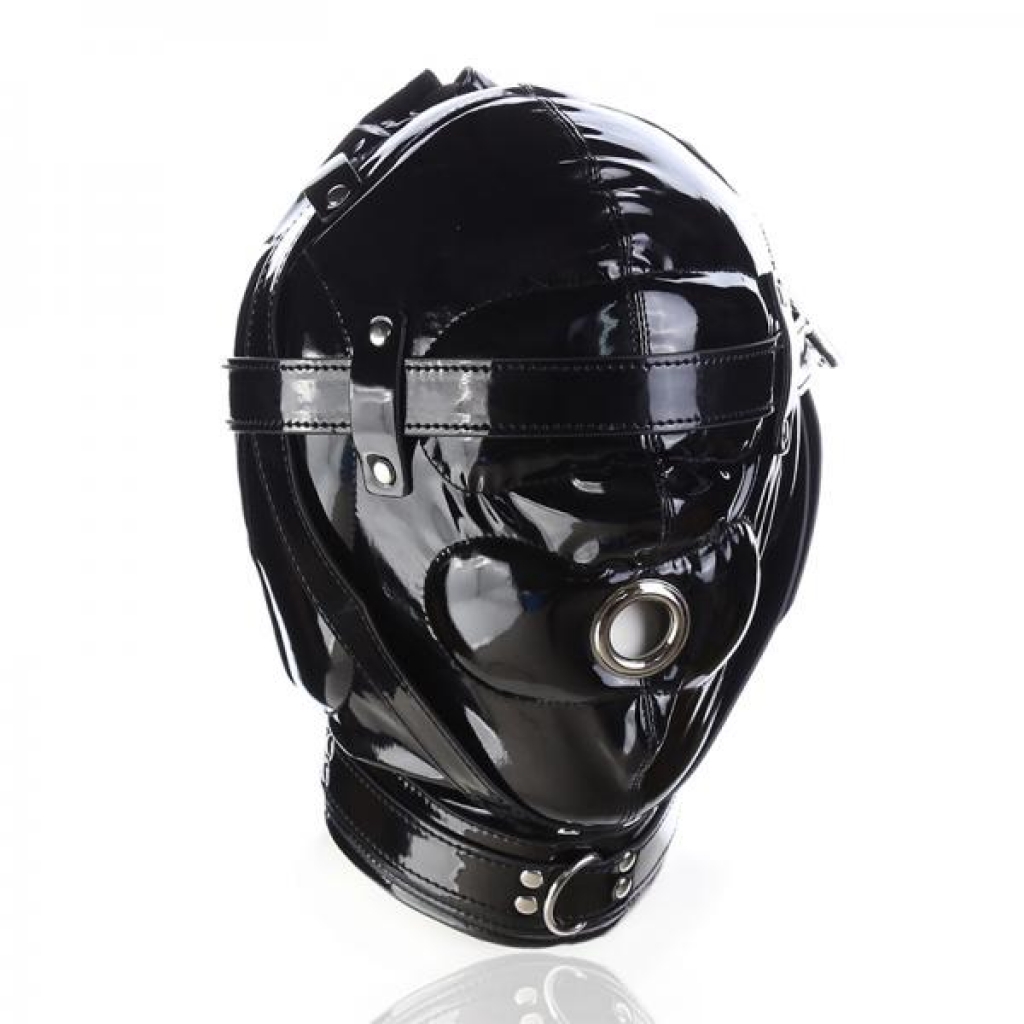 Ple’sur Shiny Pleather Locking Deprivation Hood with Single Nose Hole - Black