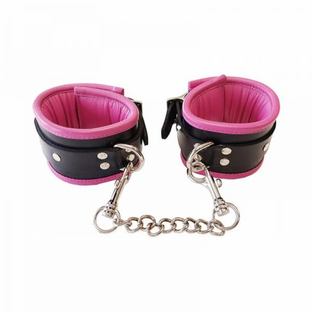 Rouge Leather Padded Wrist Cuffs - Luxury Black/Pink